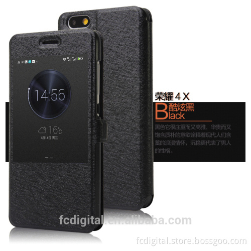 QWD factory price premium touch screen rotating view window color leather flip phone case for huawei honor 4X